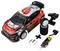 Zestaw samochodu zdalnie sterowanego z dokładnie odwzorowanym modelem samochodu rajdowego w kolorach czerwonym i białym, zapasowymi oponami, pakietem baterii, narzędziami i pilotem.