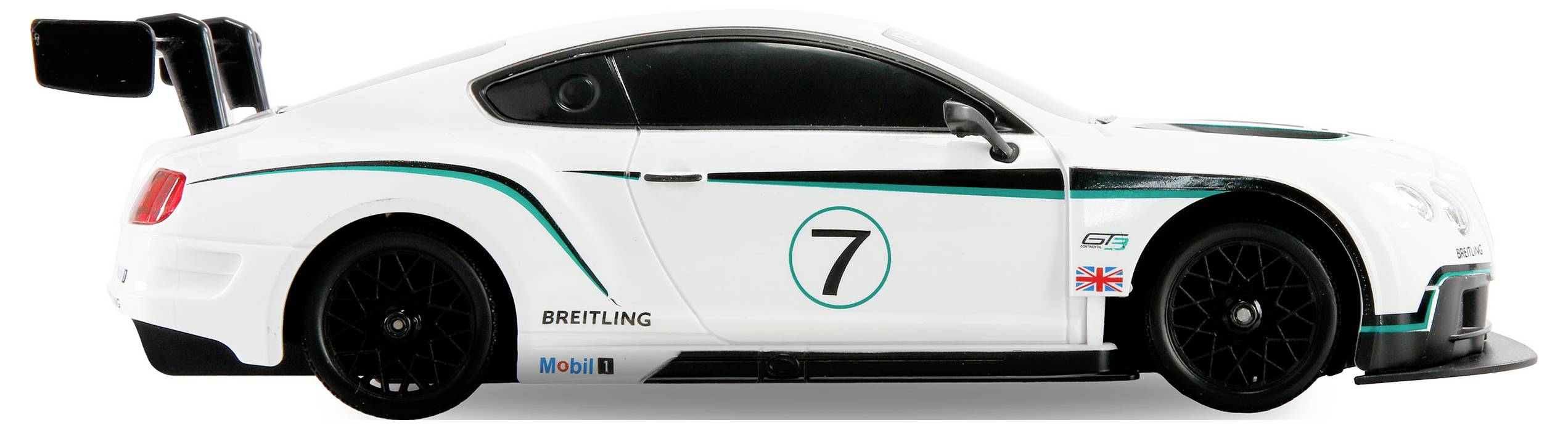 Biały model samochodu wyścigowego z dużym tylnym skrzydłem, czarnymi kołami i numerem '7' na boku, z logo sponsorów i flagą Wielkiej Brytanii.