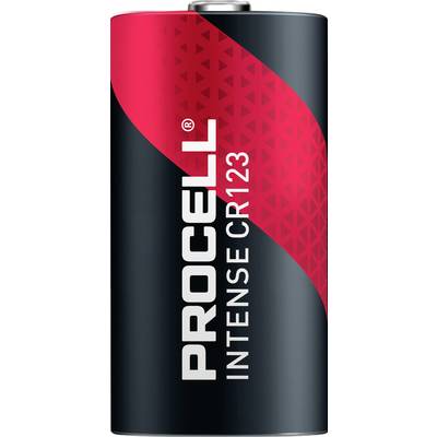 Bateria 'PROCELL INTENSE CR123' z czerwono-czarnym wzorem geometrycznym.