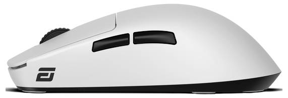 Biała mysz gamingowa z dwoma przyciskami bocznymi i rolką przewijania, sfotografowana z boku.