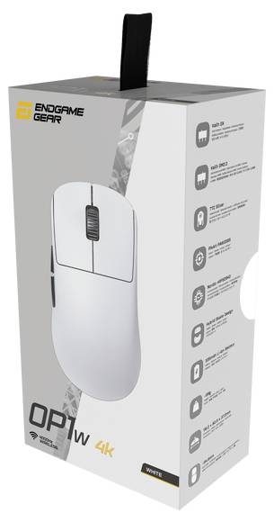Endgame Gear OP1w Mysz gamingowa 4k w kolorze białym, pudełko z wyszczególnionymi funkcjami, w tym:<br>- Wydajność bezprzewodowa<br>- Wytrzymałe przyciski<br>- Ergonomiczny design