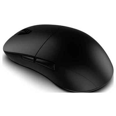 Smukła czarna mysz komputerowa z kółkiem przewijania i klikalnym przyciskami, zaprojektowana z myślą o ergonomii.