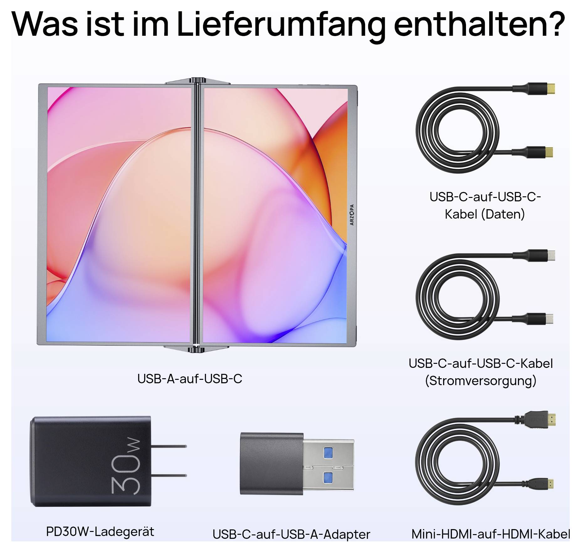 Портативный двухэкранный монитор Arzopa E1 EEK E (A - G) 39,6 см (15,6 дюйма) 1920 x 1080 пикселей 16:9 25 мс HDMI, USB-C® (DP Alt