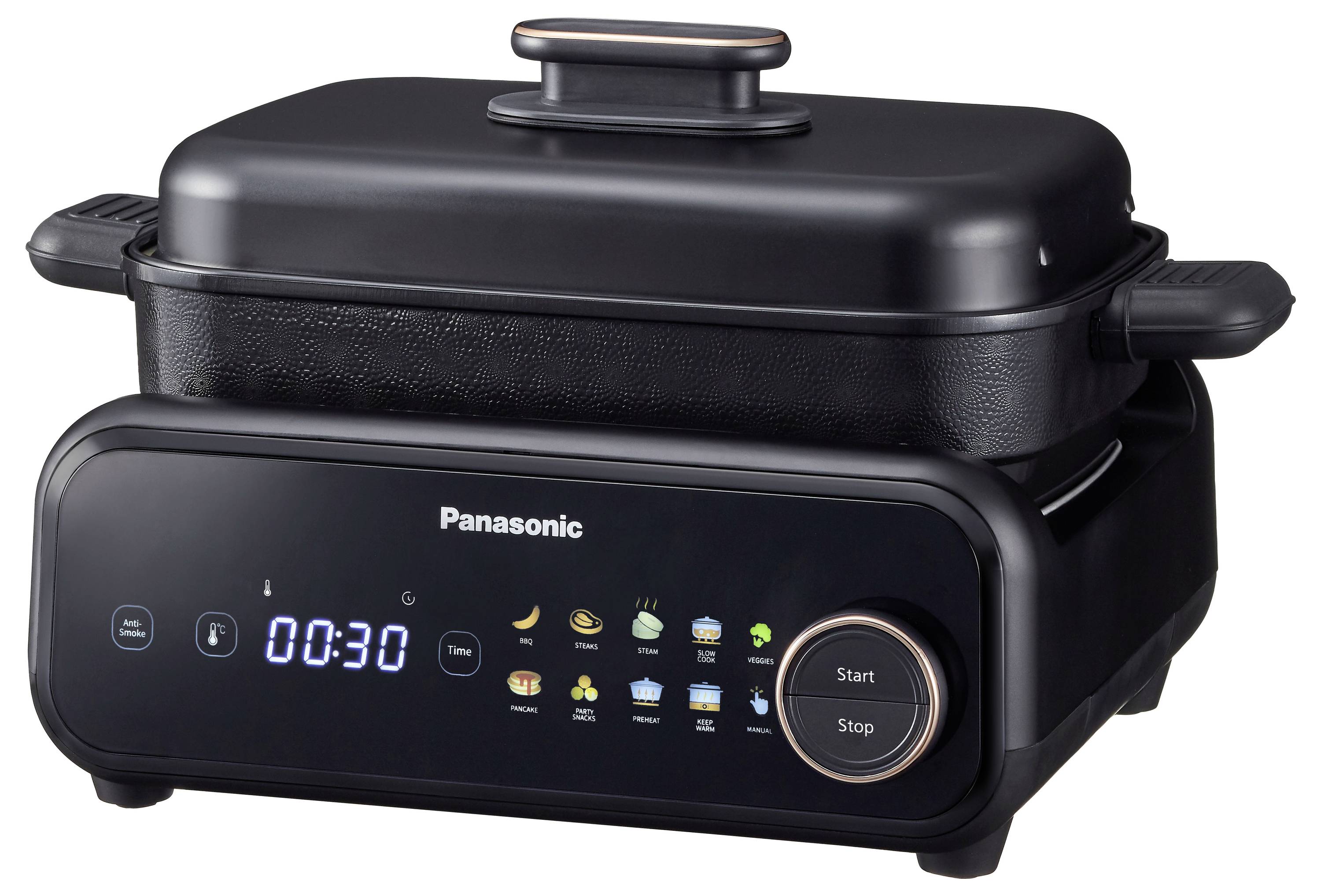 Czarny sprzęt kuchenny marki Panasonic z cyfrowym panelem sterowania, wyświetlającym '00:30'. Pod zegarem widoczne są ikony różnych trybów gotowania.