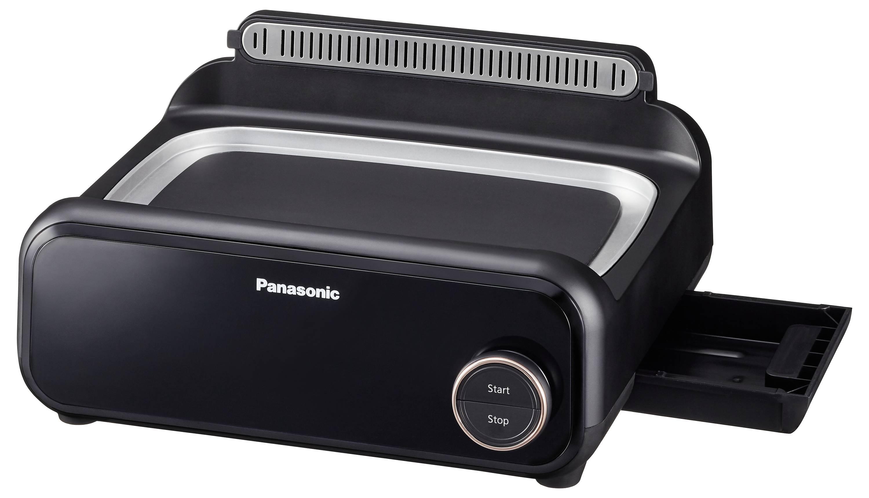 Czarna domowa maszyna do pieczenia z blatem, wyposażona w przyciski 'Start' i 'Stop' na przedniej części urządzenia, o eleganckiej i nowoczesnej stylistyce.