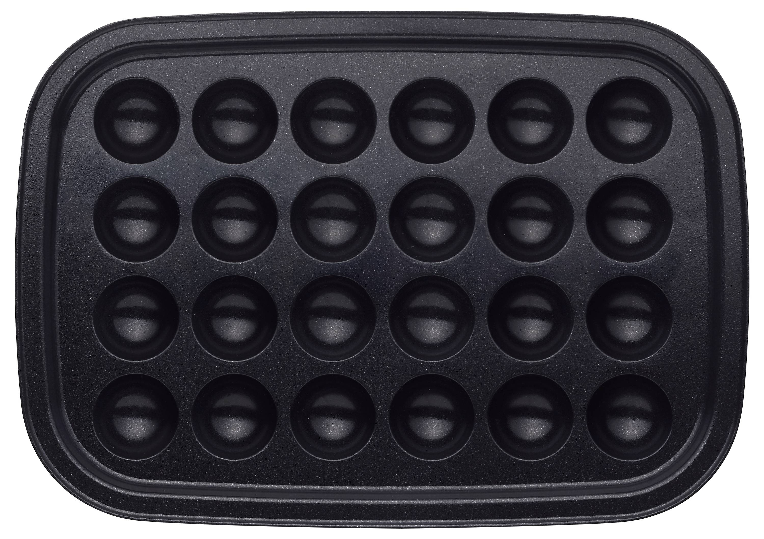 Czarna blacha do pieczenia z dwudziestoma kulkami do form, odpowiednia do robienia cake popsów lub podobnych okrągłych przekąsek.