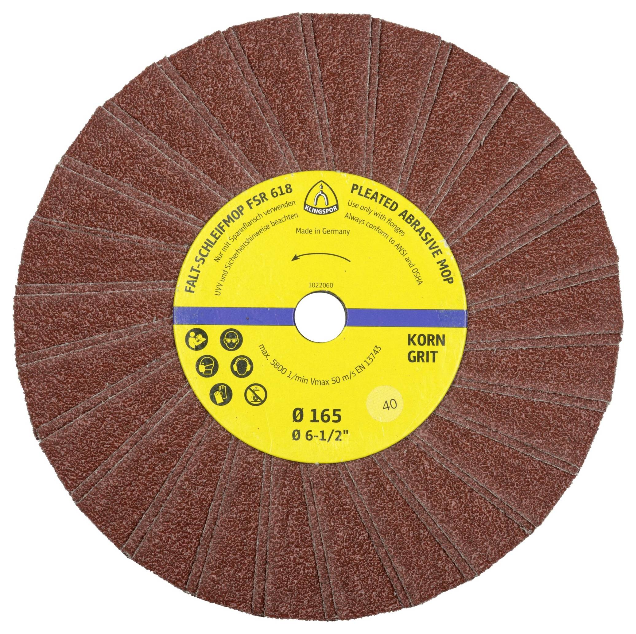 Okrągła, marszczona tarcza mopowa ścierna z brązowymi segmentami papieru ściernego i żółtą etykietą środkową wskazującą rozmiar i specyfikację ziarnistości 'Ø 165 A40.'