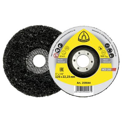 Tarcza szlifierska Klingspor do metalu/użytku uniwersalnego, średnica 125 mm, maksymalna prędkość 9600 obr./min. Model NCD 200, Art. 259044. Tekst w szarym obszarze.