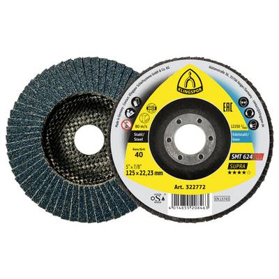 Dwie tarcze listkowe Klingspor SMT 624, teksturowane i oznaczone do użytku na stali i stali nierdzewnej, o średnicy 125 mm, ziarnistość 40; kod produktu Art. 322772.