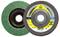 Dwie tarcze lamelkowe do szlifierki kątowej: jedna z zielonymi płatkami ściernymi, druga z brązowymi, oznaczone do obróbki metalu, 125x22,23 mm, ziarnistość 40.