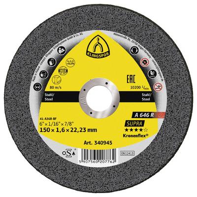 Okrągła tarcza tnąca oznaczona etykietą 'Klingspor 150 x 1,6 x 22,23 mm, A 646 R' z ikonami bezpieczeństwa, odpowiednia do cięcia stali z prędkością 80 m/s.