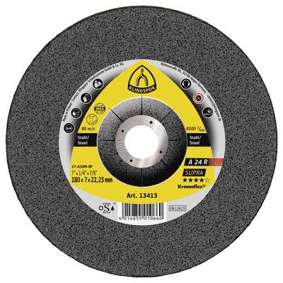Tarcza tnąca 'Klingspor Supra' do stali, oznaczona A 24 R, o średnicy 180 mm, grubości 7,2 mm. Prędkość znamionowa 80 m/s, 8500 obr./min.