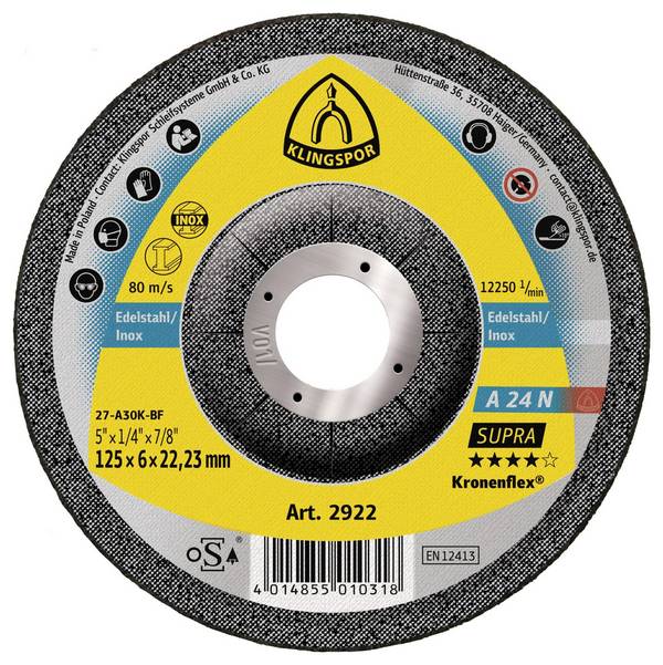 Klingspor 2922 A 24 N Supra Tarcza szlifierska Średnica 125 mm Średnica otworu 22.23 mm stal nierdzewna 10 szt.