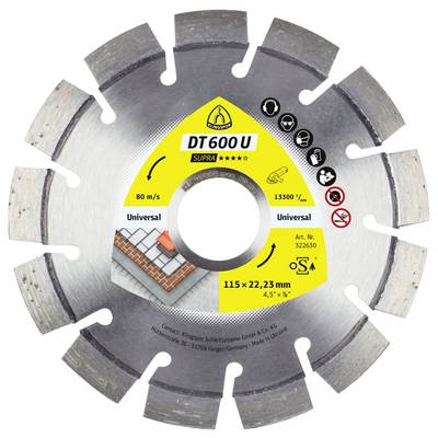 Tarcza piły tarczowej oznaczona 'DT600 U' do uniwersalnego zastosowania o prędkości 80 m/s o średnicy 115 mm. Odpowiednia do cięcia cegły i betonu.