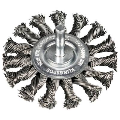 Okrągła szczotka druciana z drutem skręcanym i centralnym metalowym dyskiem oznaczonym napisem 'Klingspor', przeznaczona do użytku przemysłowego w procesach szlifowania lub czyszczenia.