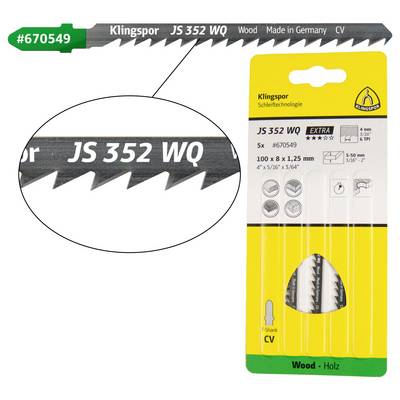 Brzeszczot do wyrzynarki Klingspor JS 352 WQ do drewna, wyprodukowany w Niemczech. Opakowanie zawiera pięć brzeszczotów, 100 x 8 x 1,25 mm, kompatybilnych z systemami Boscha.