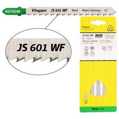 Opakowanie brzeszczotów do wyrzynarki Klingspor JS 601 WF, przeznaczonych do cięcia drewna. Zawiera szczegółowe informacje o produkcie, w tym rozmiar, typ oraz kraj pochodzenia.