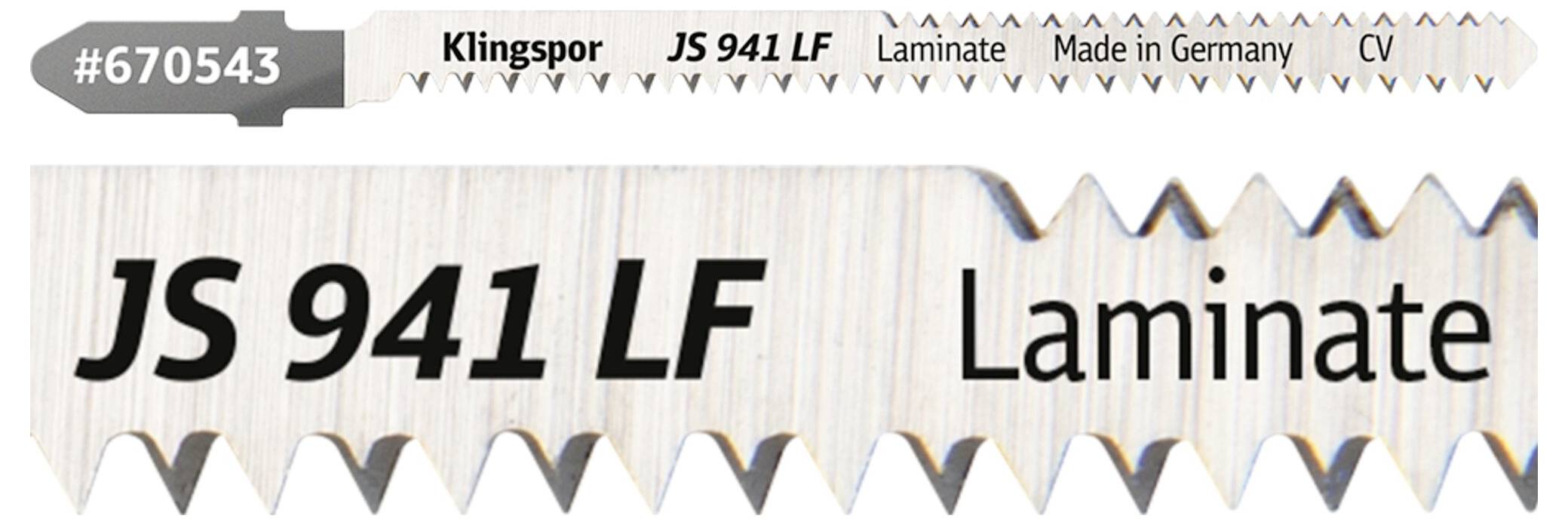 Piła tarczowa do laminatu, oznaczona etykietą 'JS 941 LF, Laminat, Wyprodukowano w Niemczech.' Numer modelu #670543, z uzębionym brzegiem.