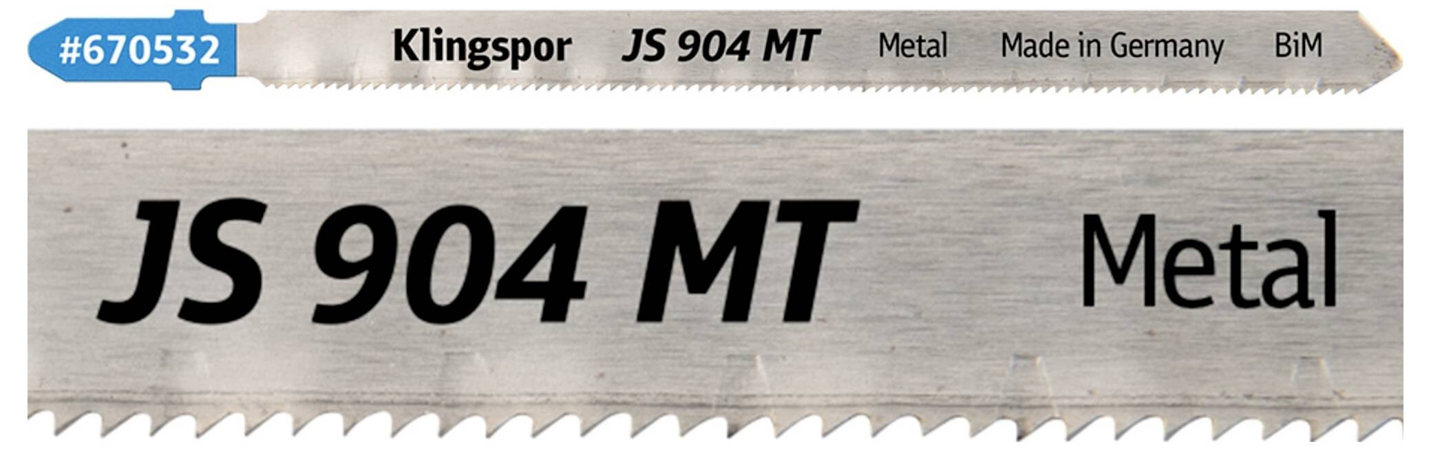 Brzeszczot z dużym tekstem 'JS 904 MT Metal', '#670532', 'Klingspor', 'Wyprodukowane w Niemczech' i 'BiM'. Przeznaczony do cięcia metalu.