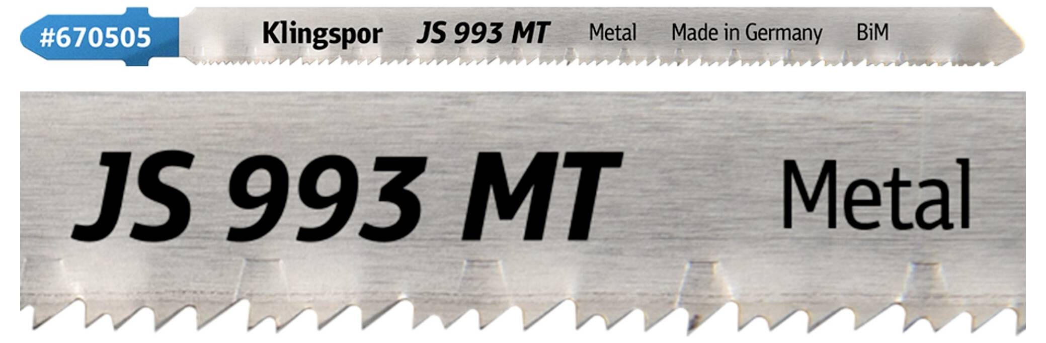 Brzeszczot oznaczony etykietą 'JS 993 MT' do cięcia metalu, wyprodukowany przez firmę Klingspor w Niemczech.