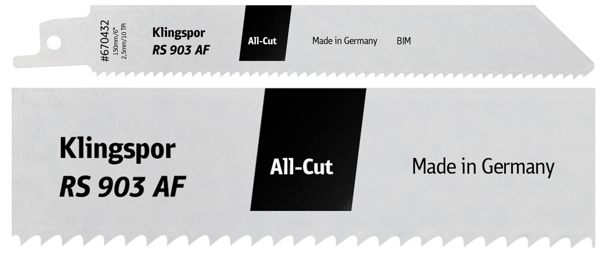 Brzeszczot oznaczony etykietą 'Klingspor RS 903 AF All-Cut, Wyprodukowano w Niemczech, BM'.