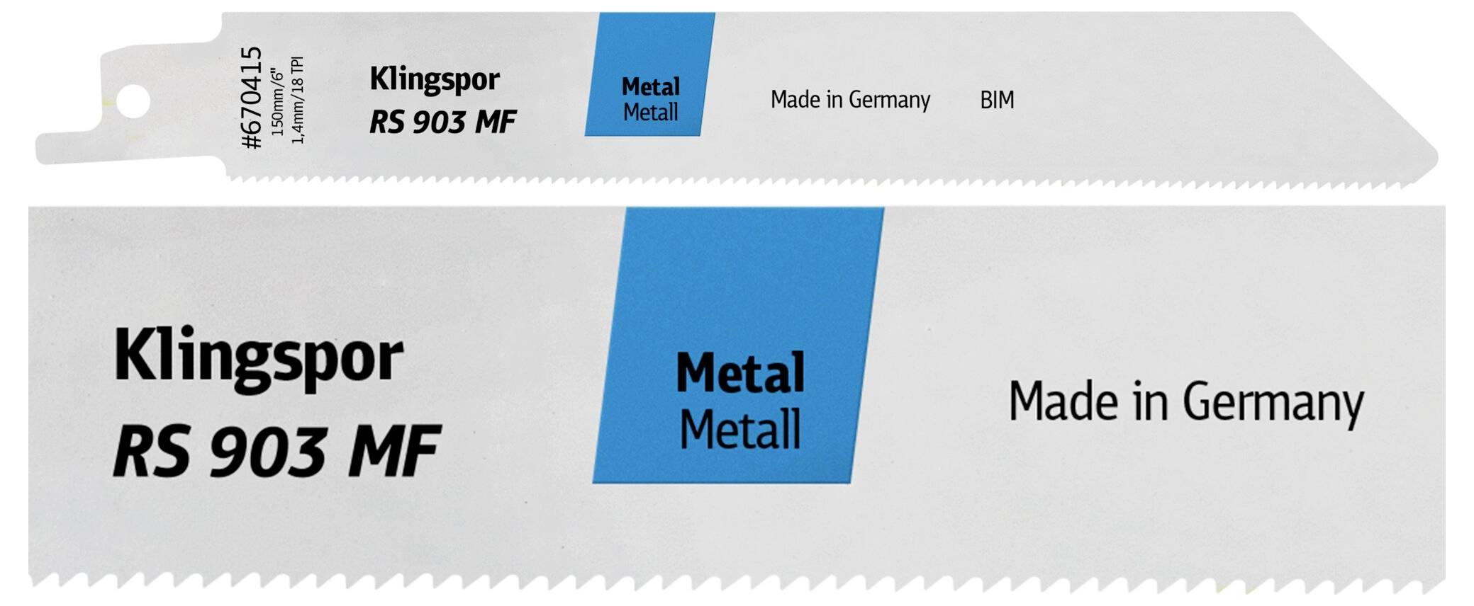 Brzeszczot piły oznaczony etykietą 'Klingspor RS 903 MF', przeznaczony do cięcia metalu, z napisami 'Made in Germany' oraz 'Metal Metall' w kolorze niebieskim i czarnym.