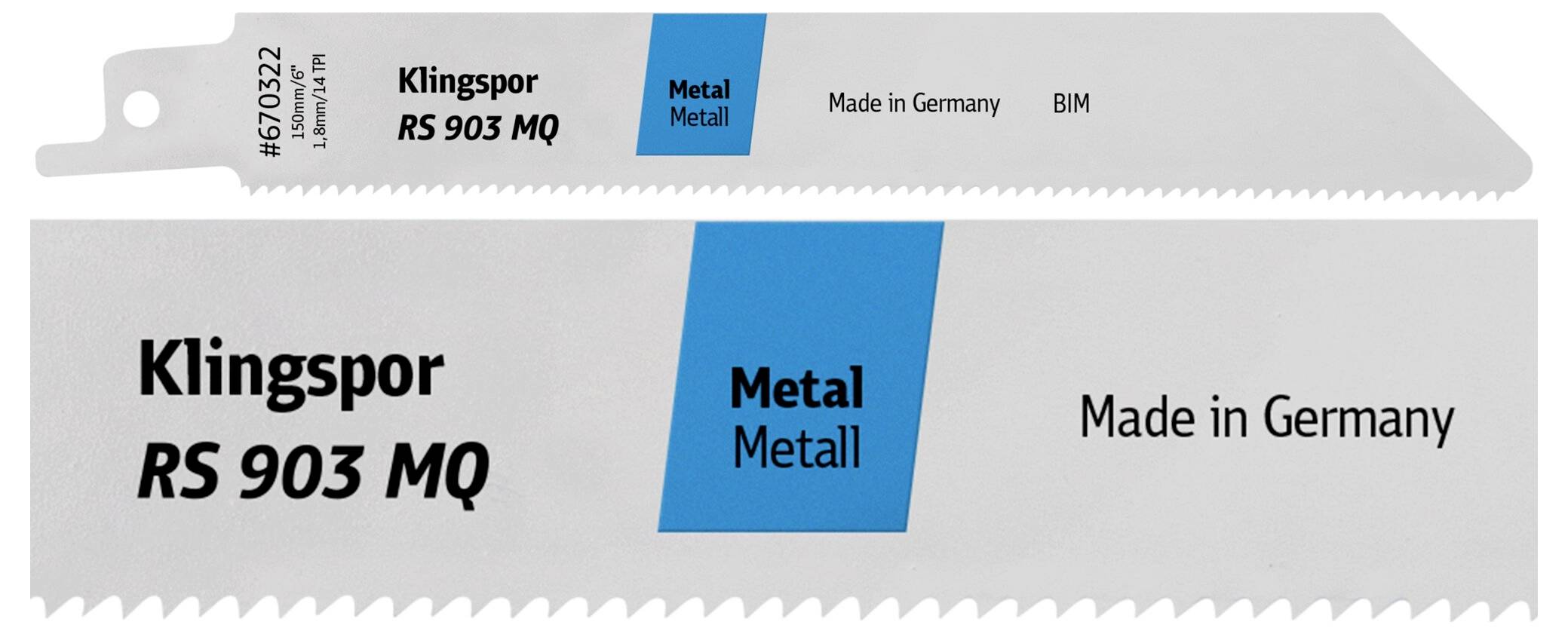 Piła tarczowa 'Klingspor RS 903 MQ' oznaczona etykietą 'Metal' i 'Wyprodukowano w Niemczech', pokazana w opakowaniu i poza opakowaniem.