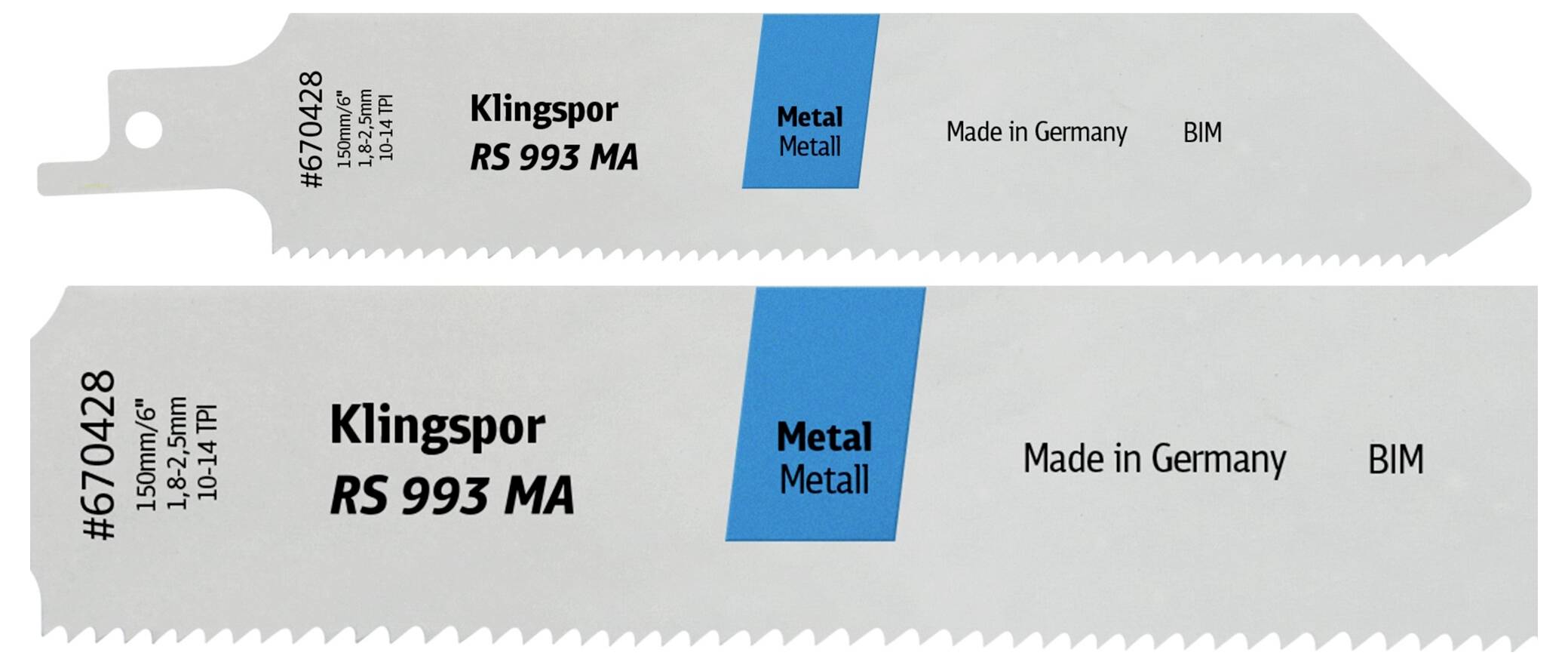 Dwie metalowe tarcze tnące oznaczone etykietą 'Klingspor RS 993 MA', z nadrukiem 'Made in Germany', odpowiednie do cięcia metalu.