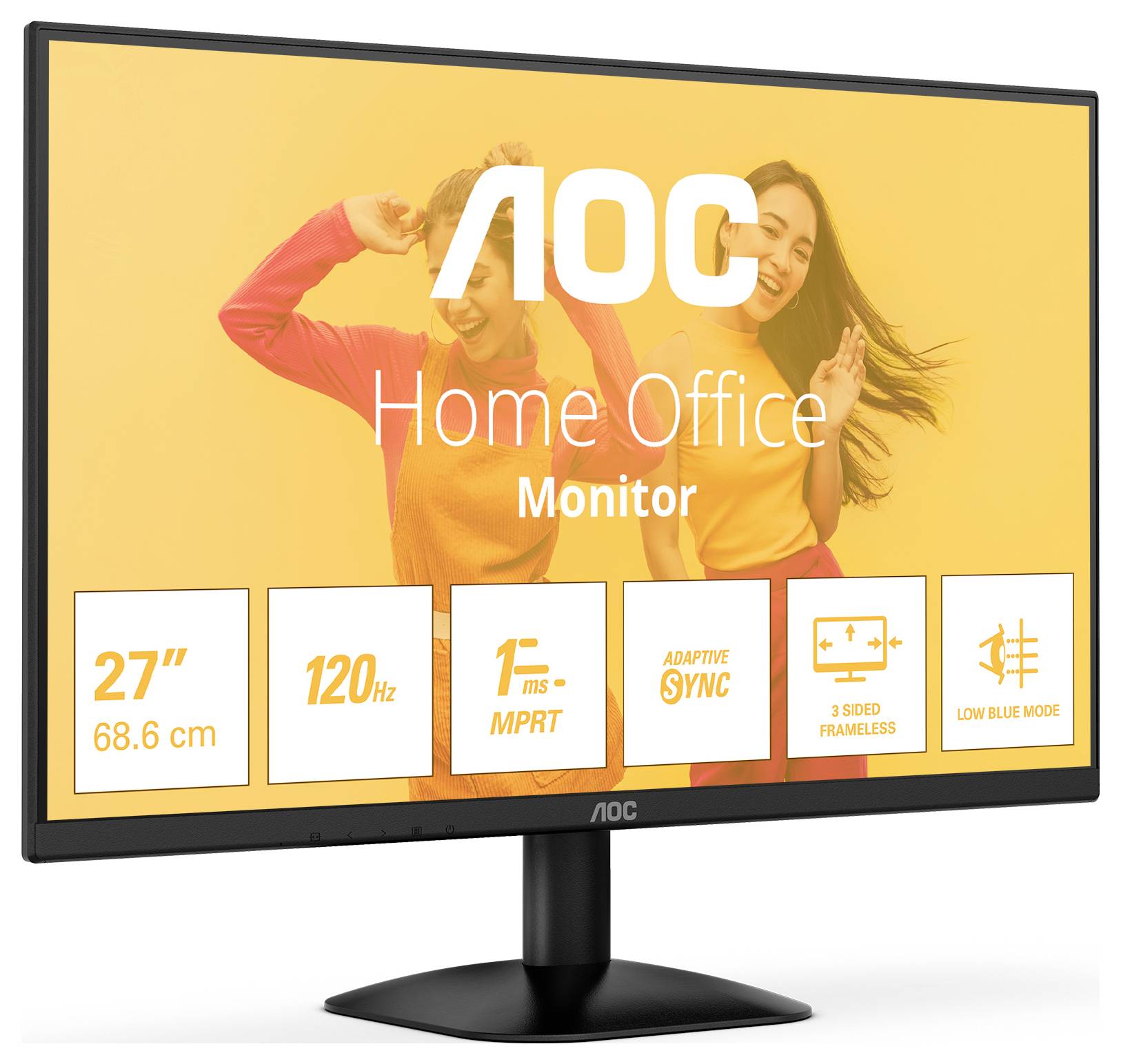 Monitor AOC o 27-calowym ekranie, wyposażony w odświeżanie 120 Hz, czas reakcji 1 ms, technologię Adaptive Sync oraz tryb niskiego poziomu niebieskiego światła, przeznaczony do użytku biurowego w domu.