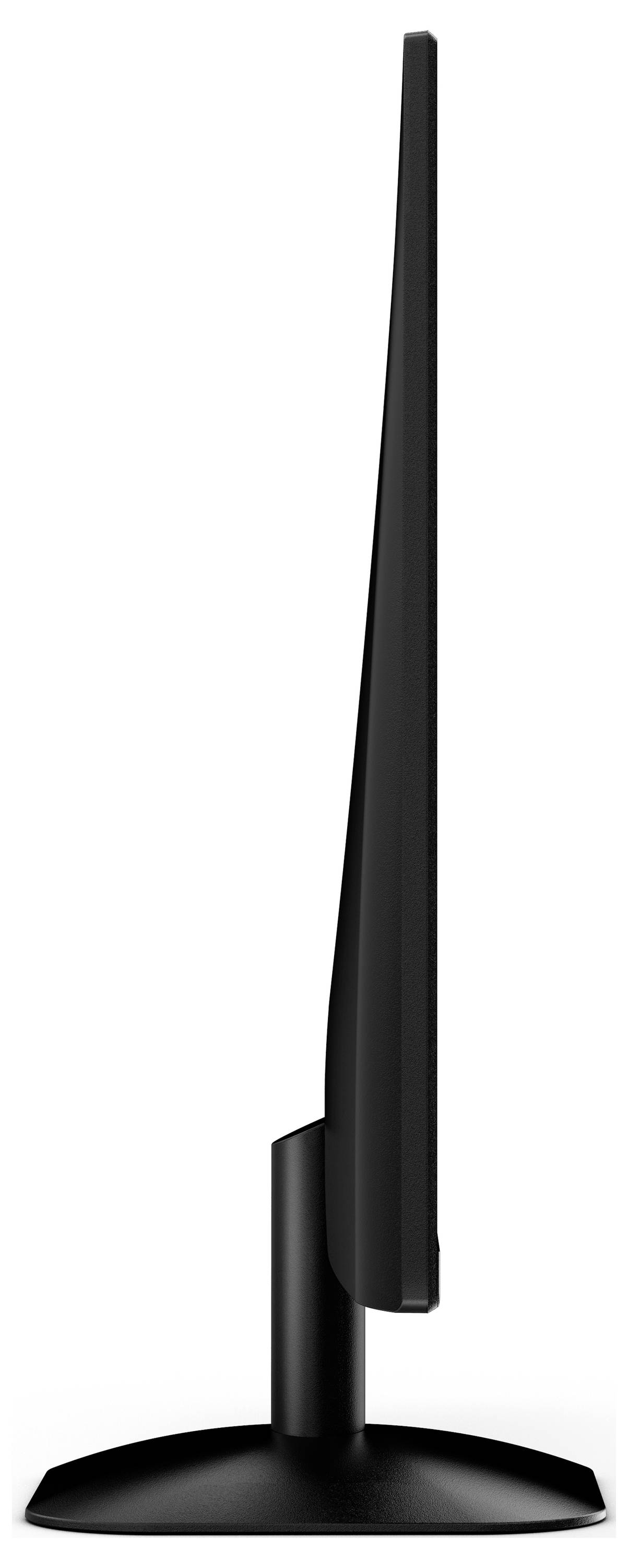Cienki, czarny, widok boczny nowoczesnego monitora komputerowego na okrągłej podstawie.