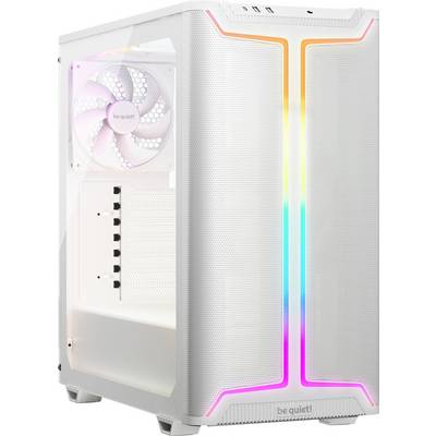 Biała obudowa komputera z przednią ścianką wykonaną z siatki, z pionowym podświetleniem RGB, wentylatorem chłodzącym zamontowanym z boku oraz portami USB na górze.