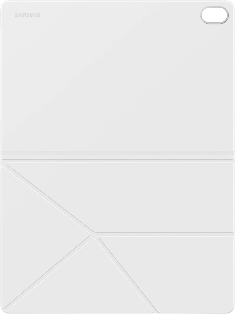 Białe etui na tablet Samsung z geometrycznymi liniami zagięć i prostokątnym wycięciem na aparat w prawym górnym rogu.