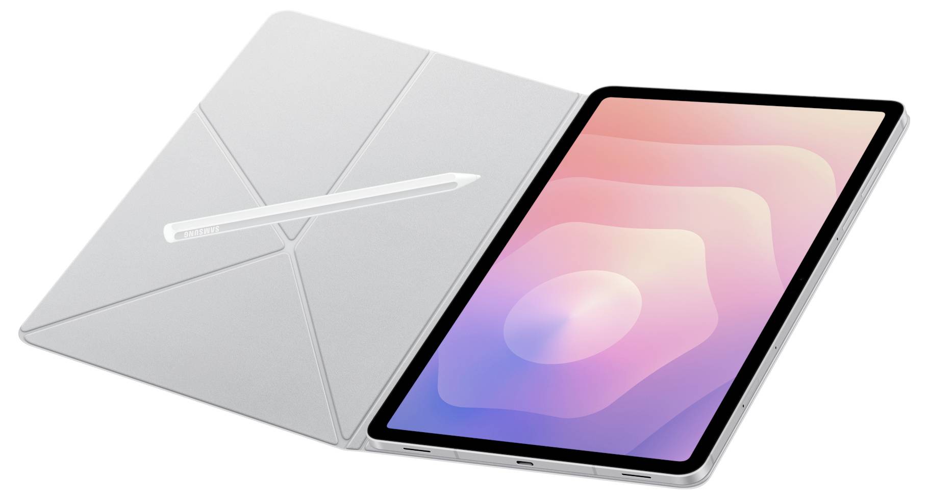 Tablet z rysikiem spoczywa na złożonej magnetycznej okładce. Na ekranie tabletu widnieje kolorowy abstrakcyjny wzór z okrągłymi gradientami.