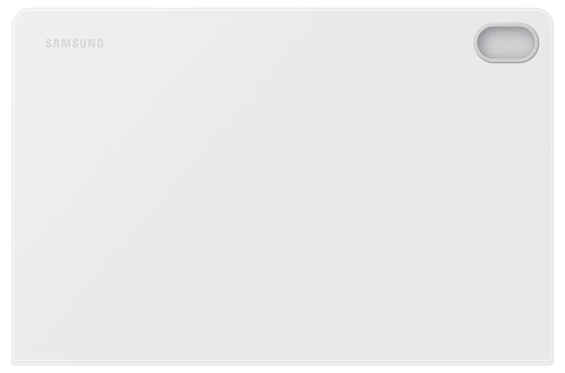 Urządzenie elektroniczne marki Samsung w białym kolorze z wycięciem na aparat tylny w rogu.