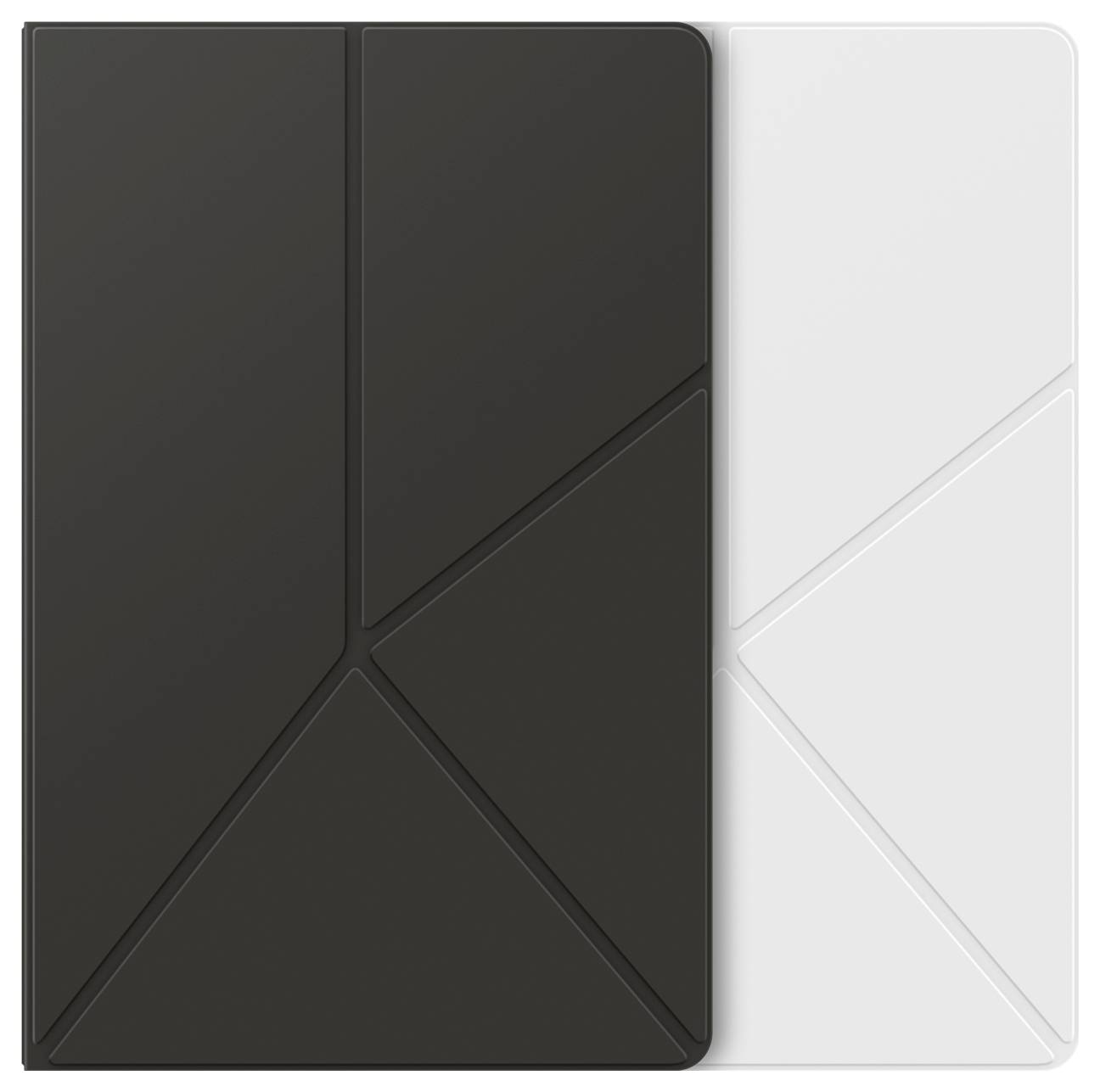 Pokazana jest czarno-biała okładka na tablet z geometrycznymi wzorami składania. Projekt charakteryzuje się kątowymi liniami zapewniającymi wszechstronne składanie.