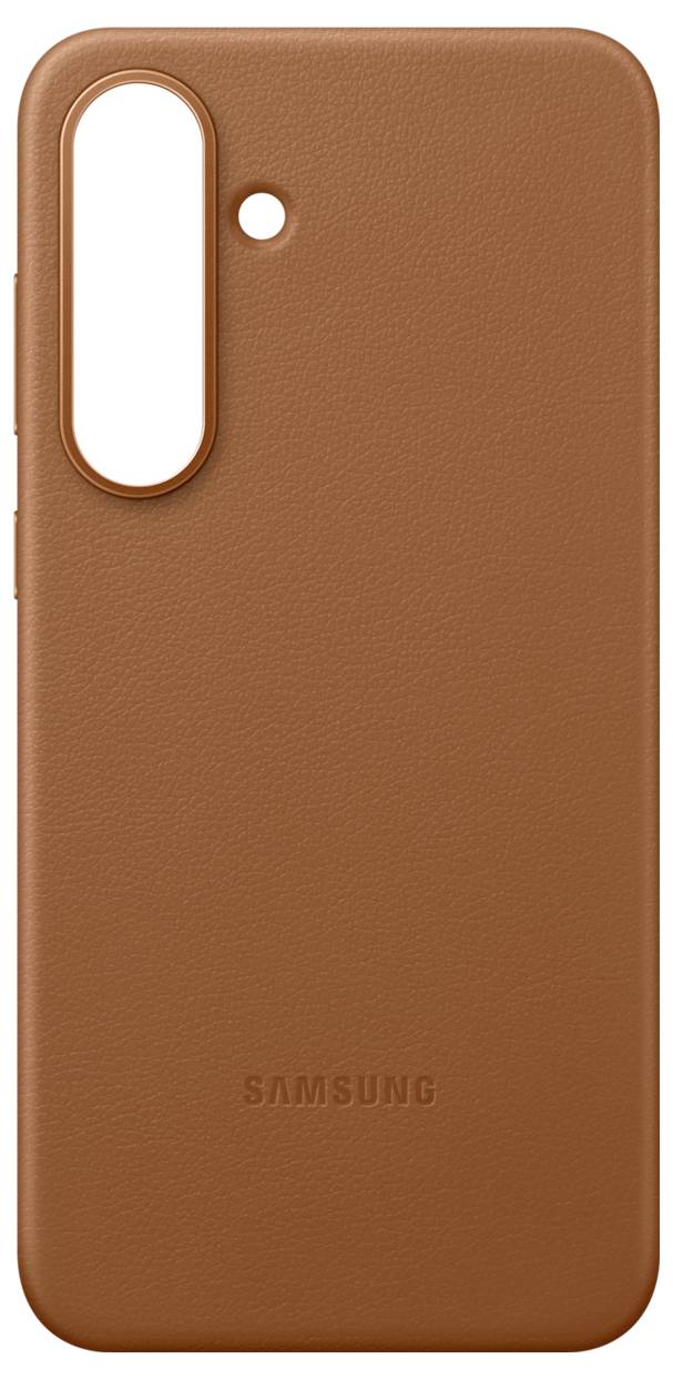 Brązowe skórzane etui na telefon Samsung, z wycięciem na aparat i tłoczonym logo marki.