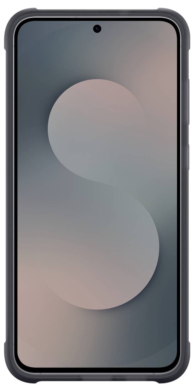 Smartfon wyświetlający wyciszony abstrakcyjny tapeta z dużą stylizowaną literą 'S' pośrodku ekranu.
