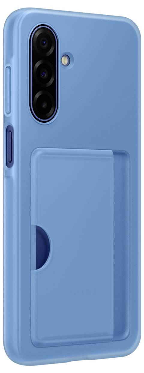 Niebieskie etui na smartfona z przegródką na kartę, zaprojektowane specjalnie do telefonu Samsung. Etui posiada precyzyjnie wycięte otwory na aparat i przyciski.