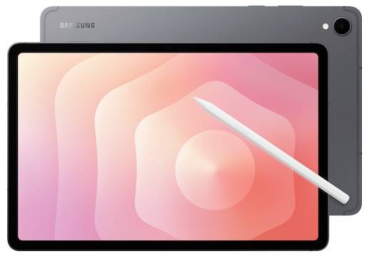 Tablet Samsung Galaxy Tab S9 FE posiada smukłą sylwetkę z rysikiem. Na ekranie wyświetlany jest gradientowy, różowy wzór abstrakcyjny.