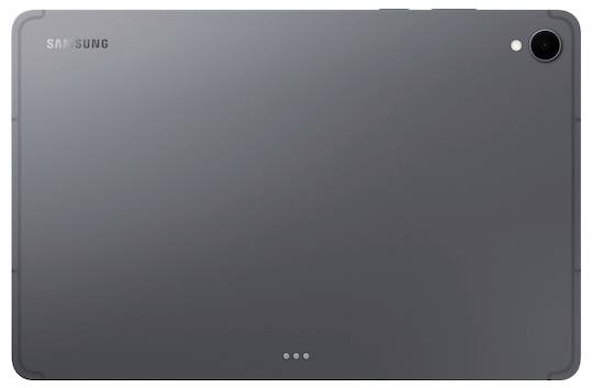 Widok z tyłu tabletu Samsung w ciemnoszarym kolorze, z pojedynczym aparatem tylnym w prawym górnym rogu i minimalistycznym, eleganckim wzornictwem.