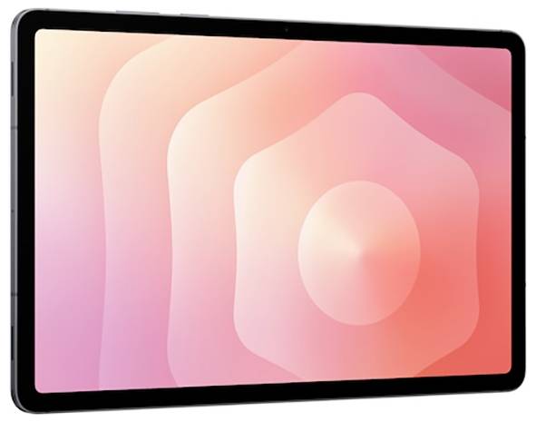 Tablet z pastelowym, różowo-pomarańczowym ekranem wyświetlającym abstrakcyjne wzory fal.