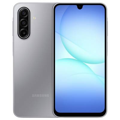 Srebrny smartfon z trzema tylnymi aparatami, smukłą sylwetką i jasnym wyświetlaczem prezentującym abstrakcyjne niebieskie bąbelki.