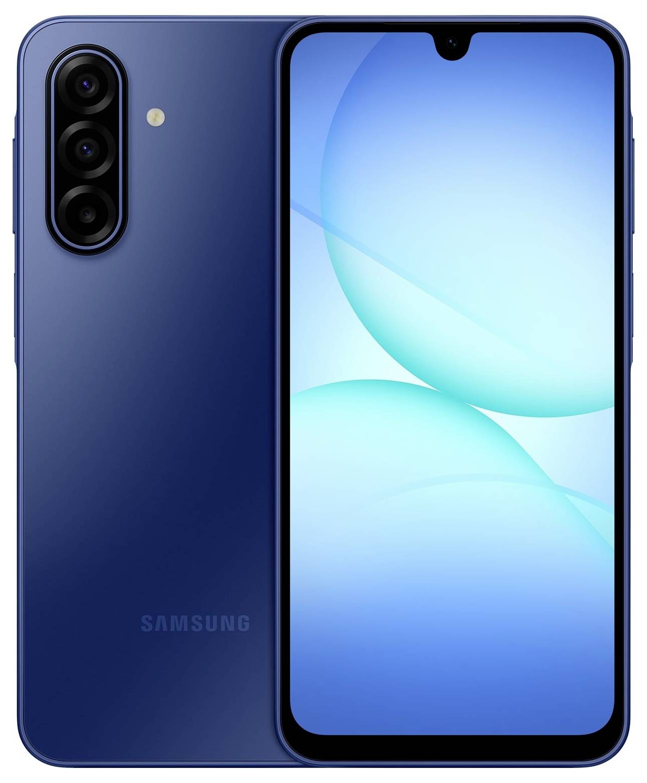 Niebieski smartfon z potrójnym aparatem z tyłu oraz ekranem przednim wyświetlającym niebieskie, abstrakcyjne tło.