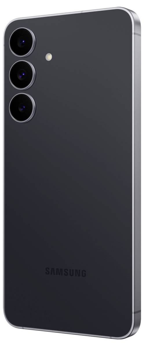 Smukły czarny smartfon z trzema aparatami tylnymi i lampą błyskową LED, z nazwą marki 'Samsung' na dolnej części tylnej obudowy.