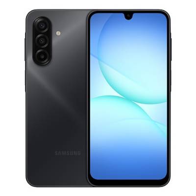 Czarny smartfon z dużym ekranem wyświetla niebieską abstrakcyjną tapetę. Telefon posiada trzy tylne aparaty fotograficzne i lampę błyskową.