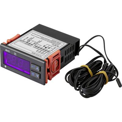 Cyfrowy regulator temperatury z wyświetlaczem LED, pokazujący '88.8', dwa przyciski i powiązane przewody czujnika, używany do monitorowania temperatury.