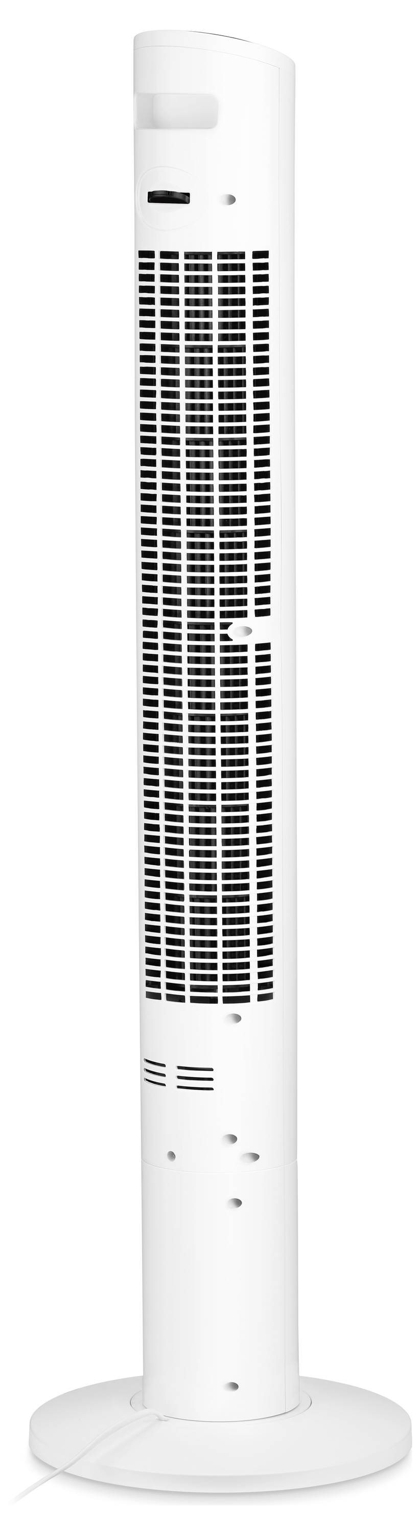 Wysoki, biały wentylator kolumnowy z siateczkową kratką, stojący na okrągłej podstawie. Posiada prosty, elegancki design i otwory wentylacyjne pokrywające większość jego przedniej części.