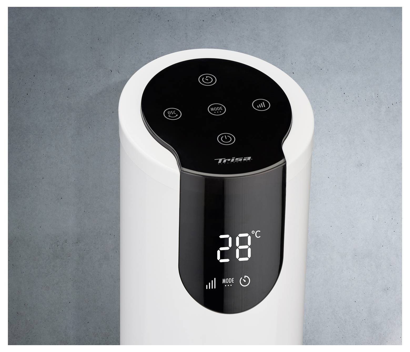 Nowoczesne białe cylindryczne urządzenie z wyświetlaczem cyfrowym pokazującym '28°C' oraz dotykowymi kontrolkami oznaczonymi jako 'Tryb', 'Wi-Fi' oraz symbole zasilania.