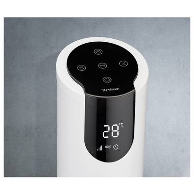 Nowoczesne białe cylindryczne urządzenie z wyświetlaczem cyfrowym pokazującym '28°C' oraz dotykowymi kontrolkami oznaczonymi jako 'Tryb', 'Wi-Fi' oraz symbole zasilania.