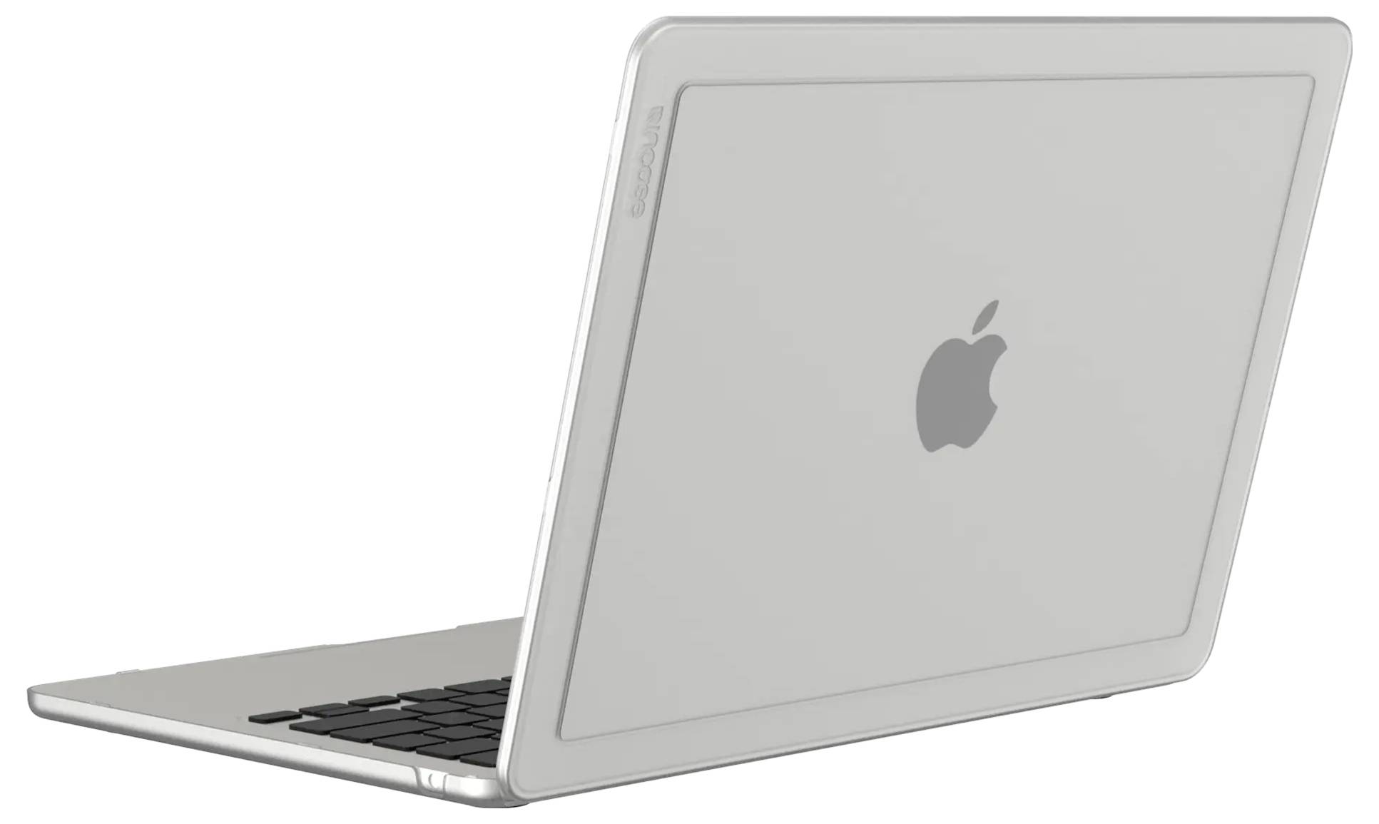 Srebrny laptop z logo Apple z tyłu, częściowo otwarty, prezentujący klawiaturę i porty boczne.